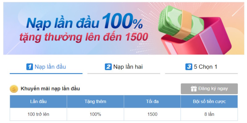 Nhận 100% tiền thưởng thêm cho lần nạp đầu